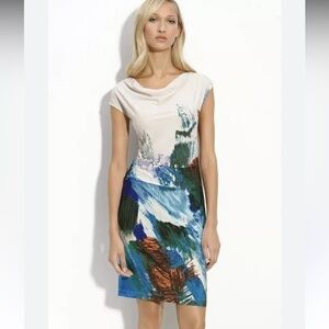 YBKCB Blue white Abstract water color Print Cocktail Dress S art deco